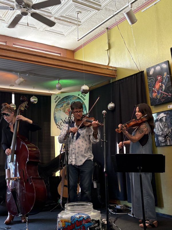 Brianna playing viola in a string trio with fiddle and upright bass at a cozy music venue